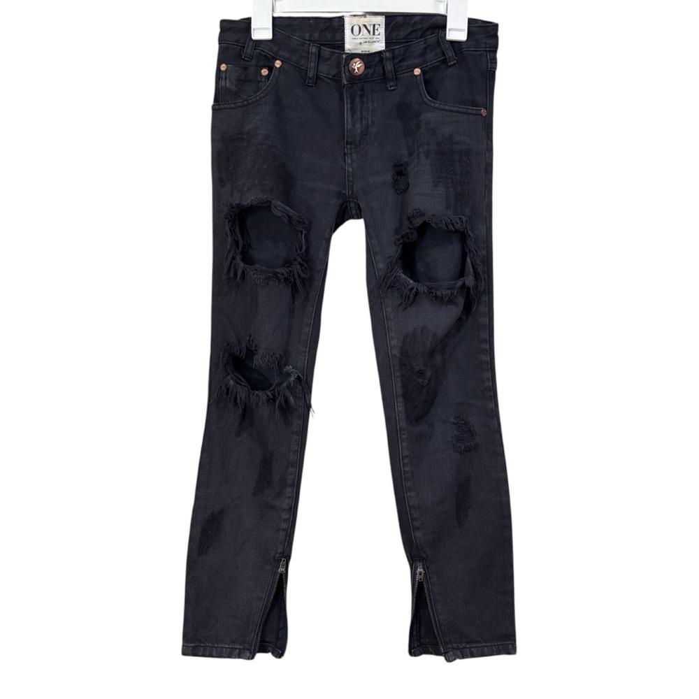One Teaspoon Trashed Free Birds Black Distressed Ankle Denim Jeans Women Size 24